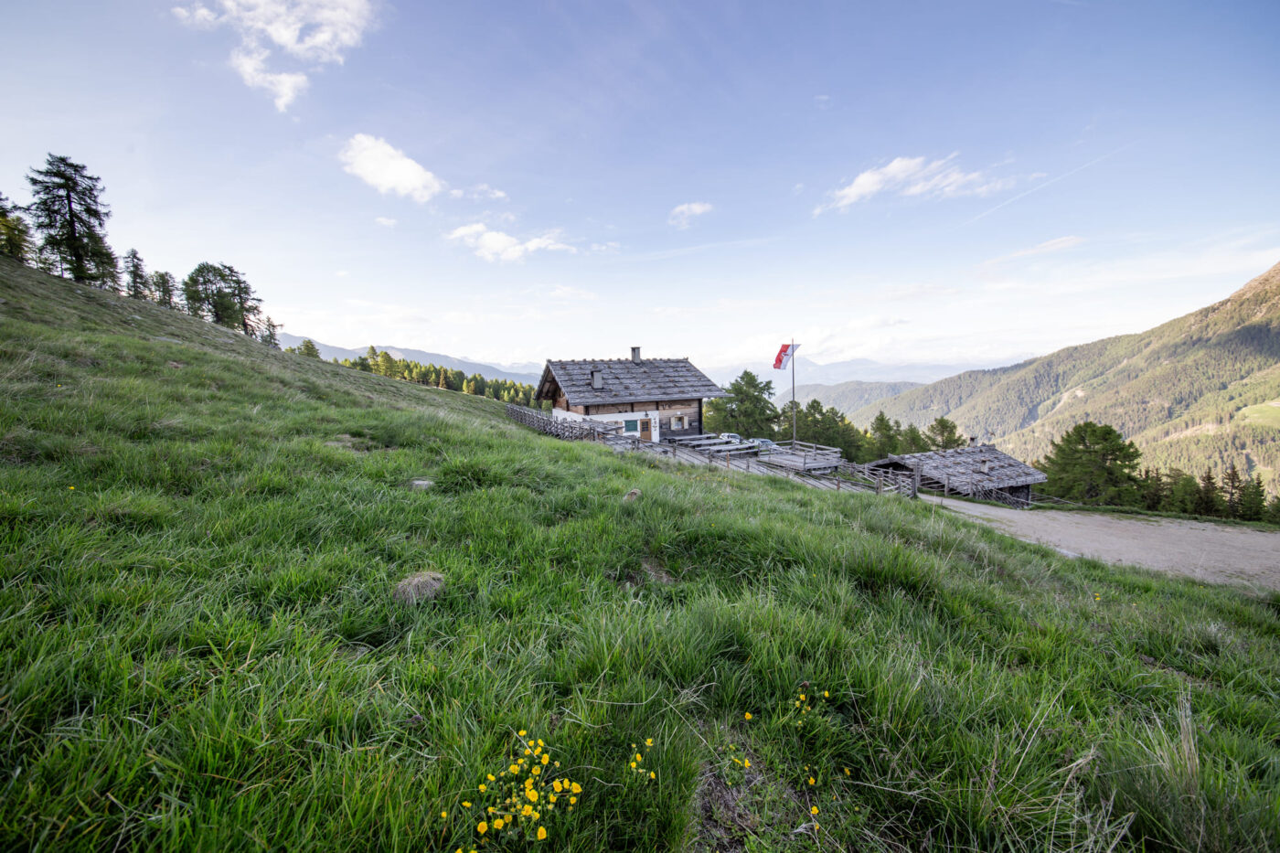 Die Gampenalm oberhalb von St. Pankraz ist die erste Almhütte auf dieser Wanderung die wir erreichen.