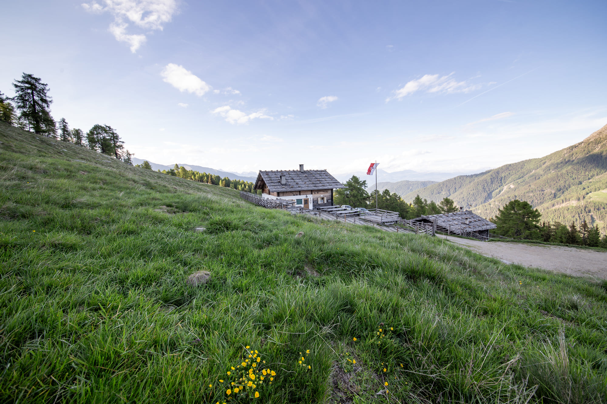 Die Gampenalm oberhalb von St. Pankraz ist die erste Almhütte auf dieser Wanderung die wir erreichen.